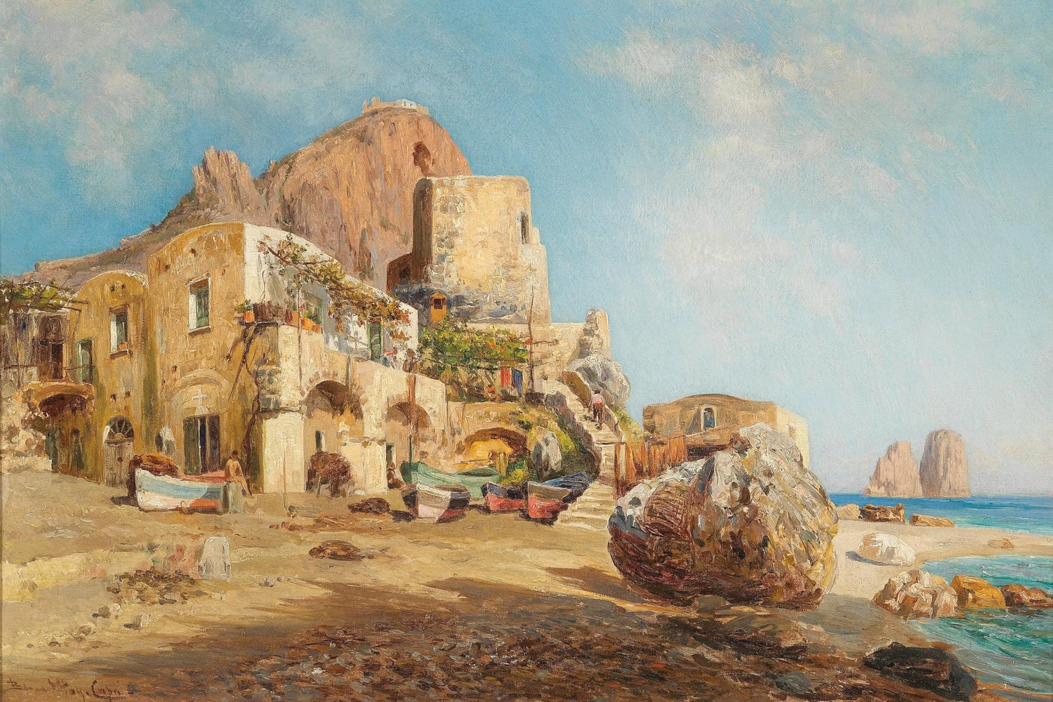 Mediterranean Coastal Village, Fishing Boats – Landscape Oil Painting - Oil Painting Haven