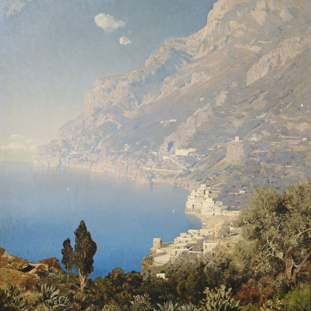 Mediterranean Coastal Village | Hand - Painted Landscape Oil Painting - Oil Painting Haven