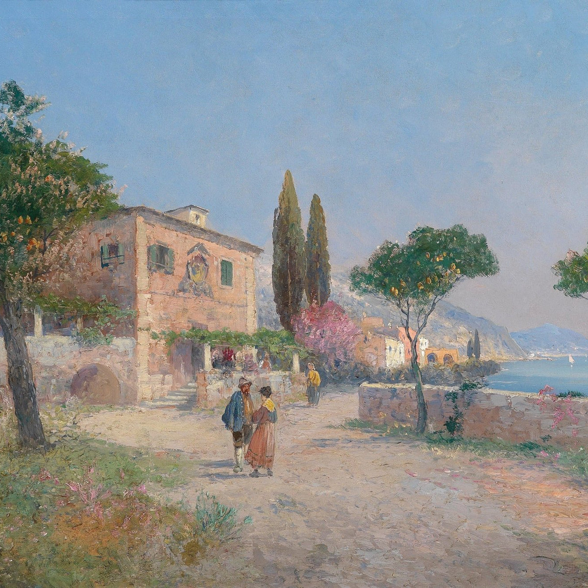 Mediterranean Coastal Village Path, Figures – Landscape Oil Painting - Oil Painting Haven