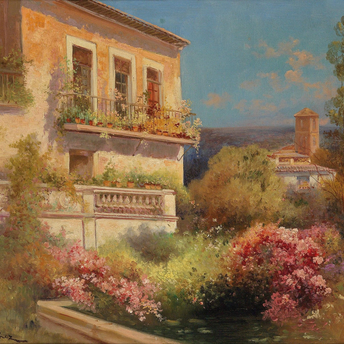 Mediterranean Garden Balcony, Flowers – Hand - Painted Oil Painting - Oil Painting Haven