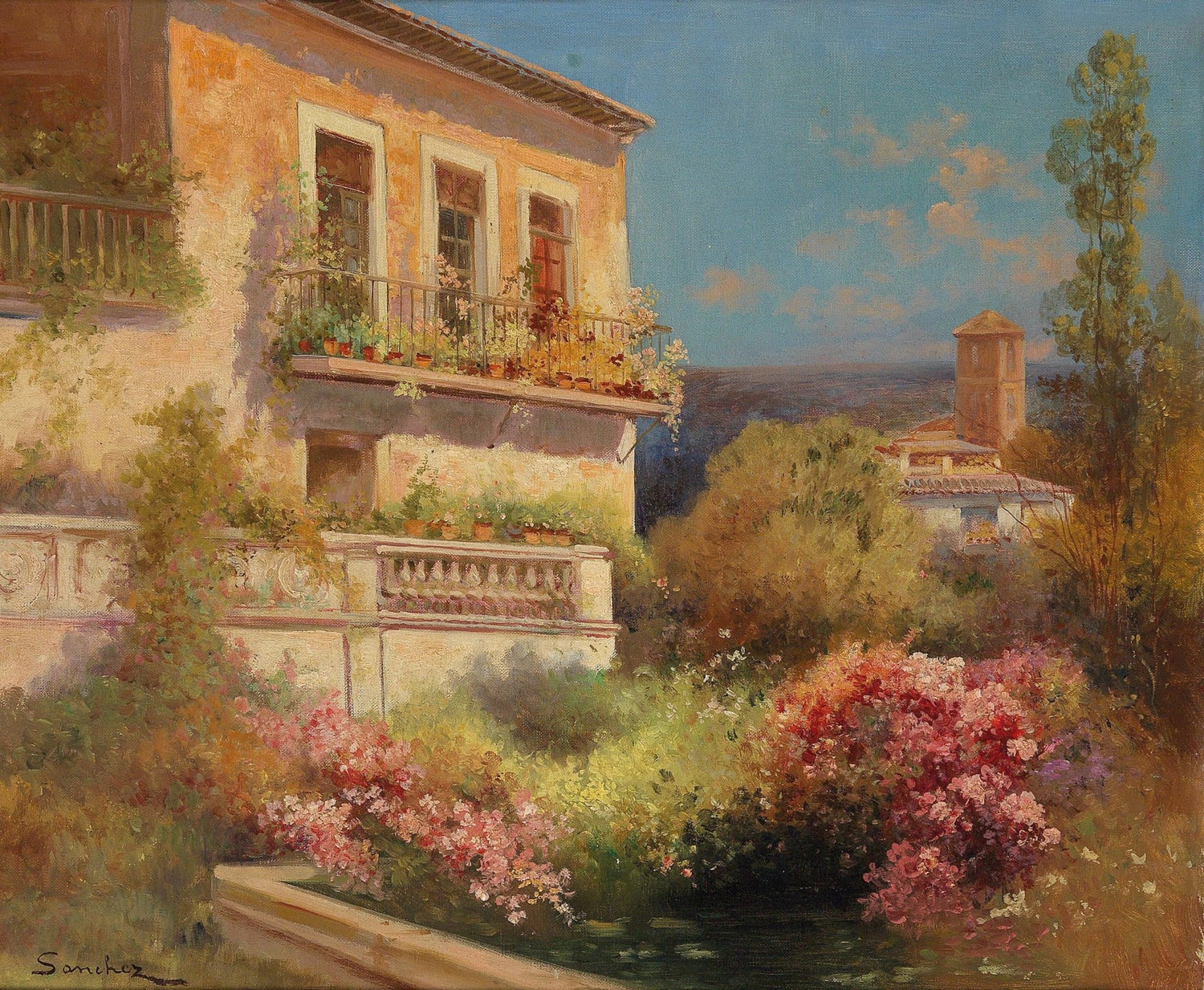 Mediterranean Garden Balcony, Flowers – Hand - Painted Oil Painting - Oil Painting Haven