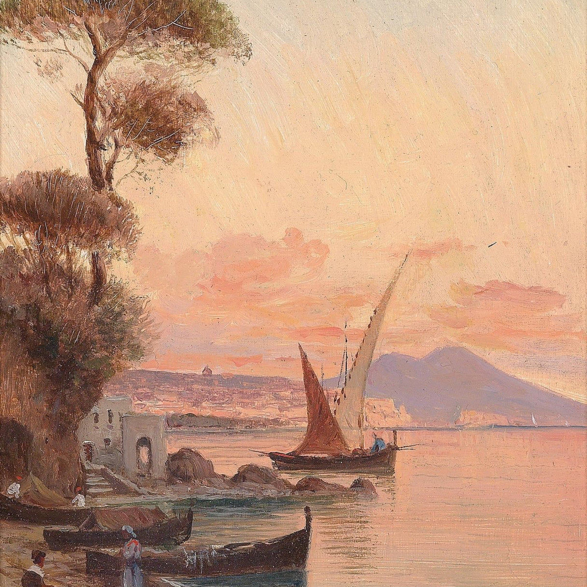 Mediterranean Harbor at Sunset – Hand - Painted Landscape Oil Painting - Oil Painting Haven