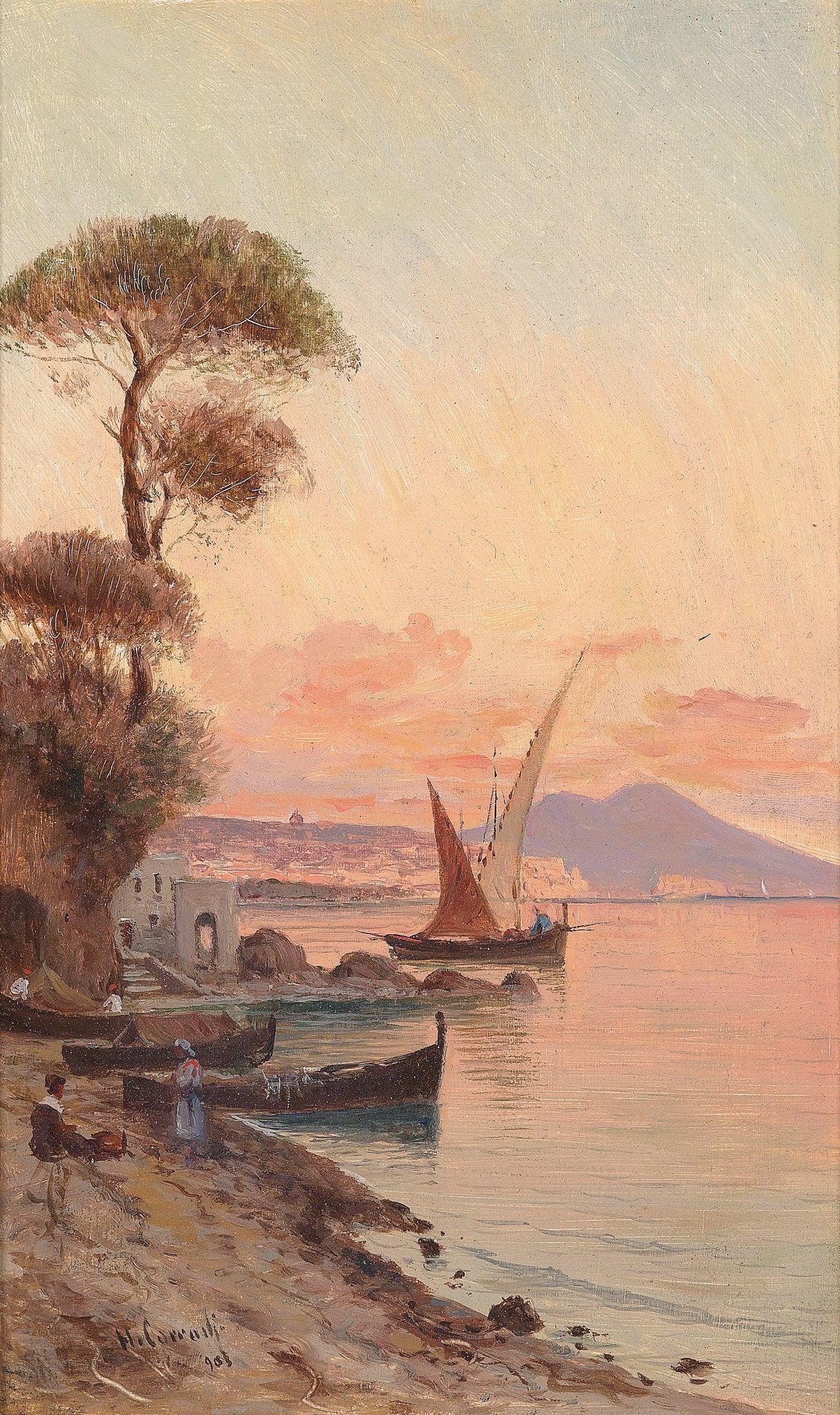 Mediterranean Harbor at Sunset – Hand - Painted Landscape Oil Painting - Oil Painting Haven