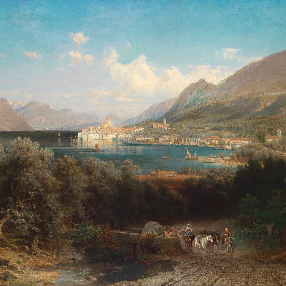 Mediterranean Lake Town View | Hand - Painted European Oil Painting - Oil Painting Haven