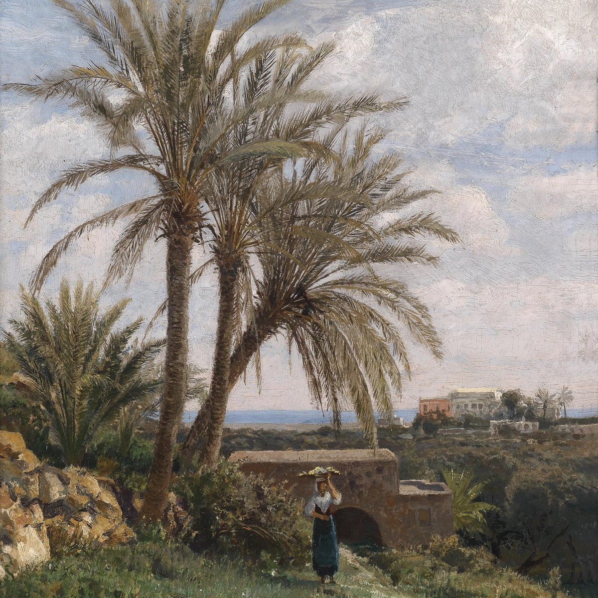 Mediterranean Palm Grove, Figure – Hand - Painted Landscape Oil Painting - Oil Painting Haven