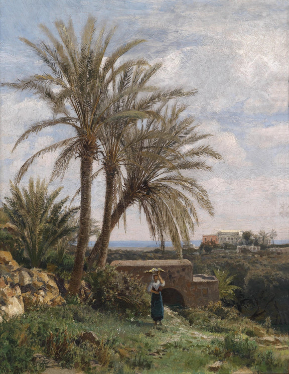 Mediterranean Palm Grove, Figure – Hand - Painted Landscape Oil Painting - Oil Painting Haven