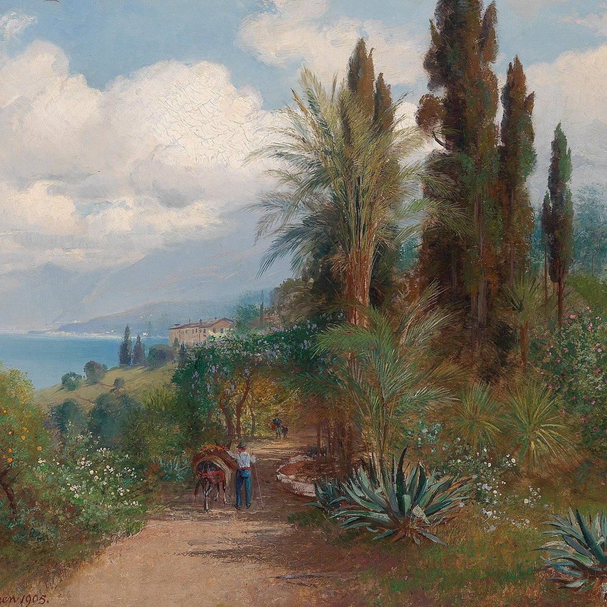 Mediterranean Palm Path, Coastal Hills – Landscape Oil Painting - Oil Painting Haven
