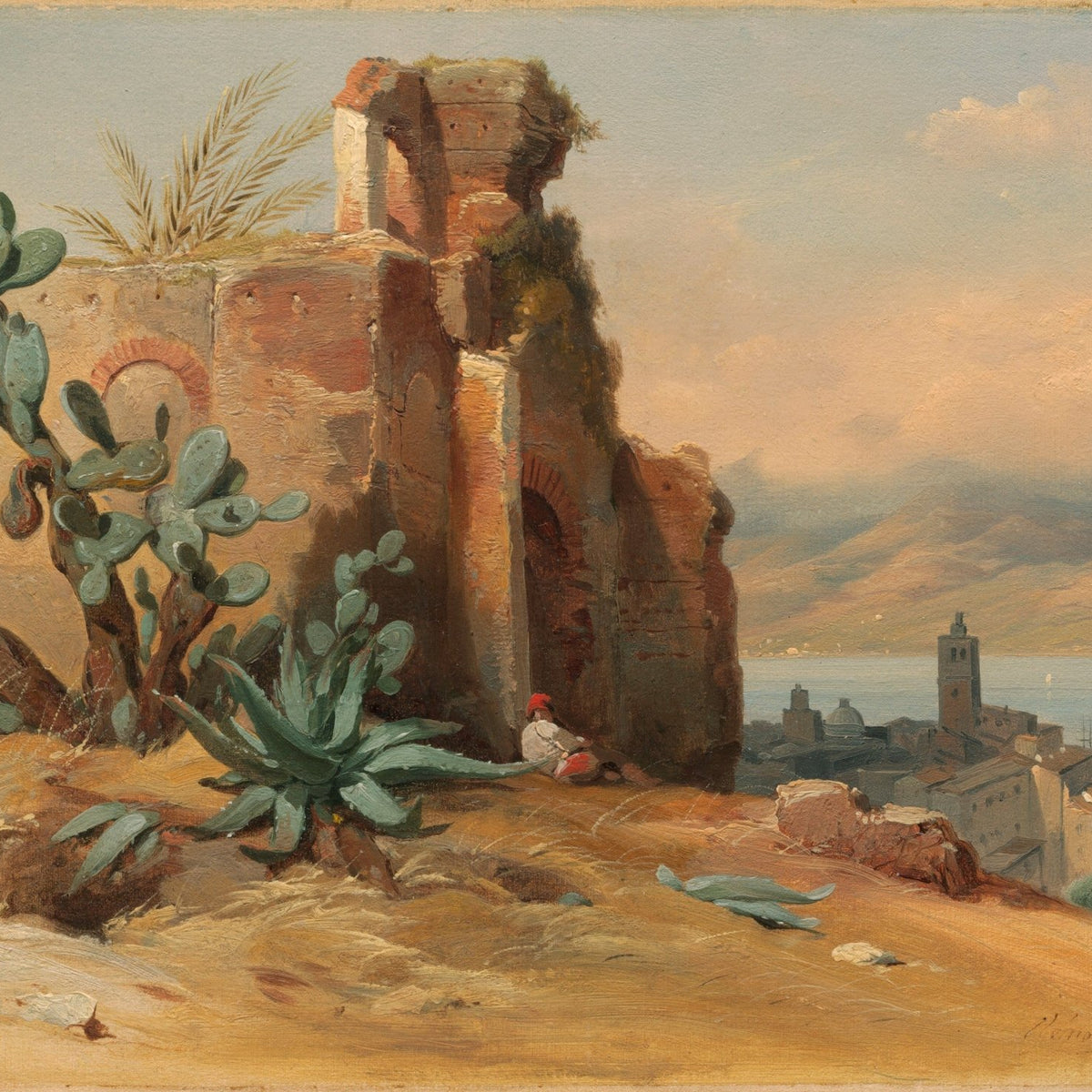 Hand-painted mediterranean ruins with cactus, coastal town landscape oil painting on canvas
