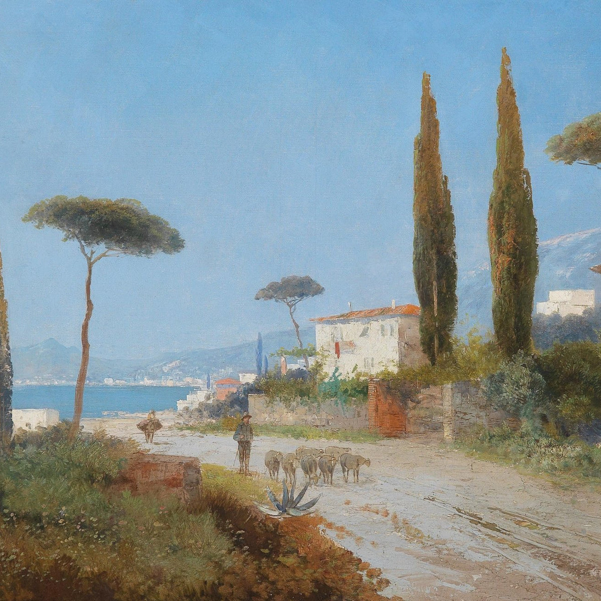 Mediterranean Village Road – Hand - Painted Landscape Oil Painting - Oil Painting Haven