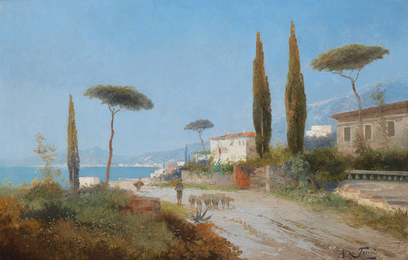 Mediterranean Village Road – Hand - Painted Landscape Oil Painting - Oil Painting Haven