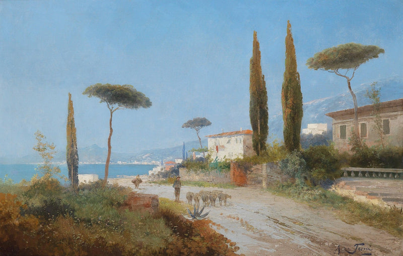 Mediterranean Village Road – Hand - Painted Landscape Oil Painting - Oil Painting Haven