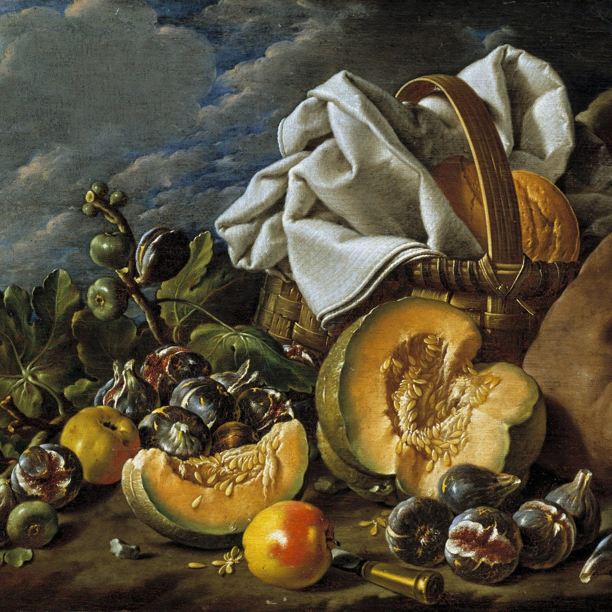 Melon, Figs and Bread Basket Scene - Still Life Oil Painting - Oil Painting Haven