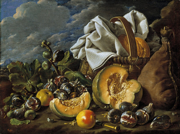 Melon, Figs and Bread Basket Scene - Still Life Oil Painting - Oil Painting Haven