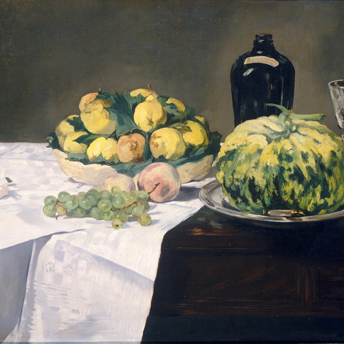 Melon, Grapes and Fruit Bowl on Table - Still Life Oil Painting - Oil Painting Haven
