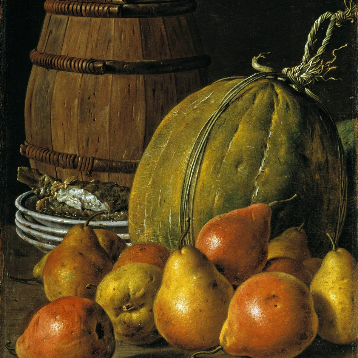 Melon, Pears and Wooden Barrel - Still Life Oil Painting - Oil Painting Haven