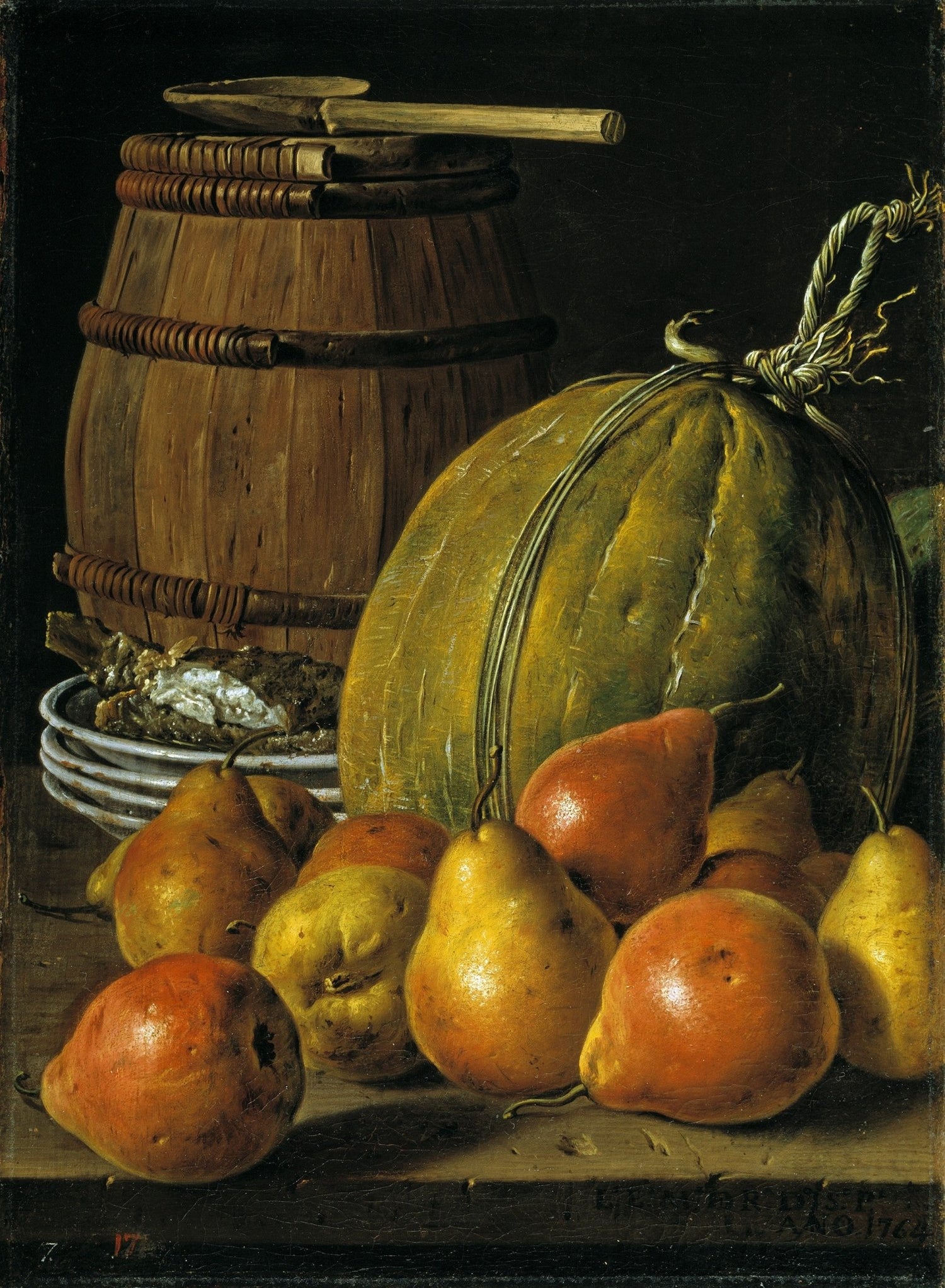 Melon, Pears and Wooden Barrel - Still Life Oil Painting - Oil Painting Haven