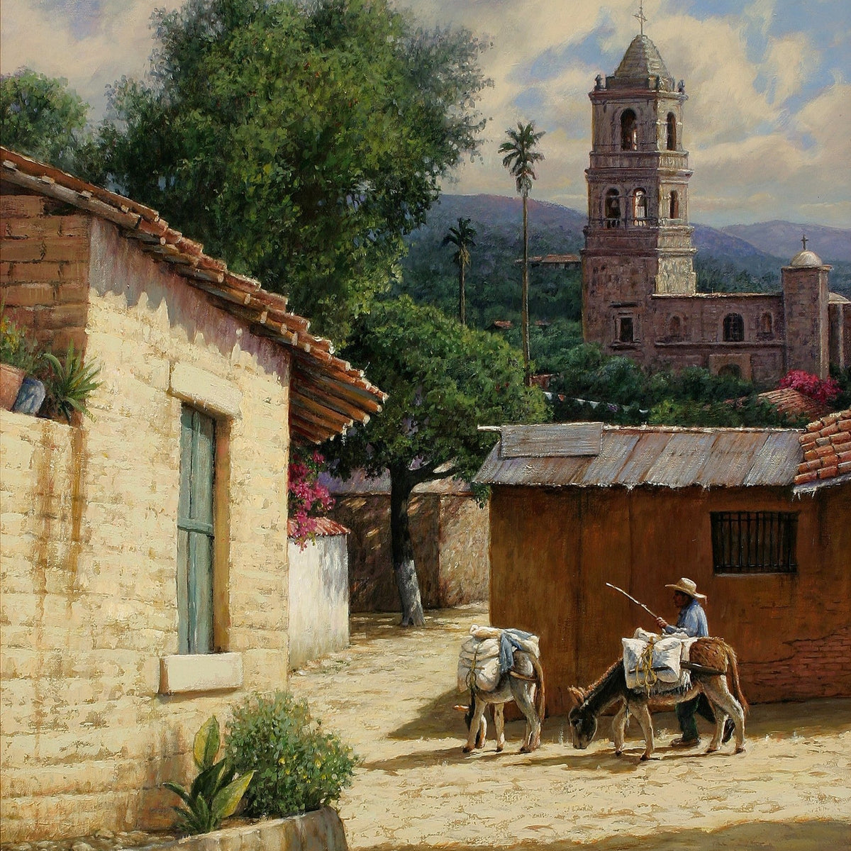 Mexican Village Street with Church Tower - Landscape Oil Painting - Oil Painting Haven