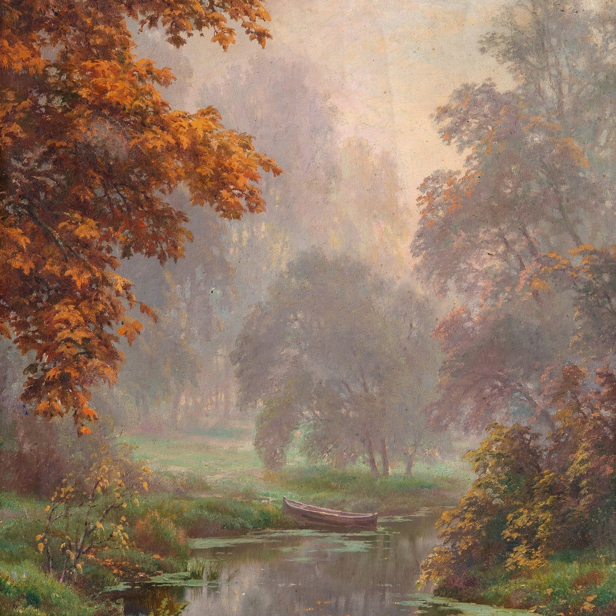 Misty Autumn Forest with River Boat – Hand - Painted Landscape - Oil Painting Haven