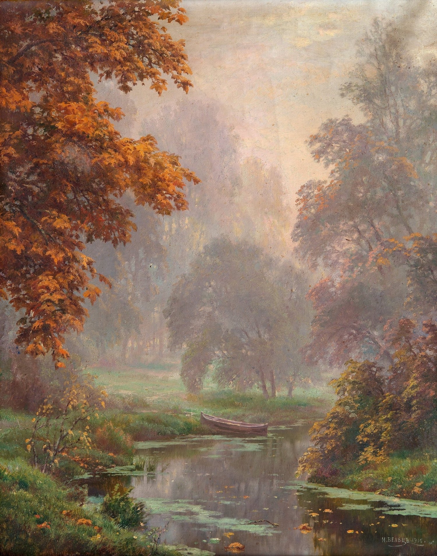 Misty Autumn Forest with River Boat – Hand - Painted Landscape - Oil Painting Haven