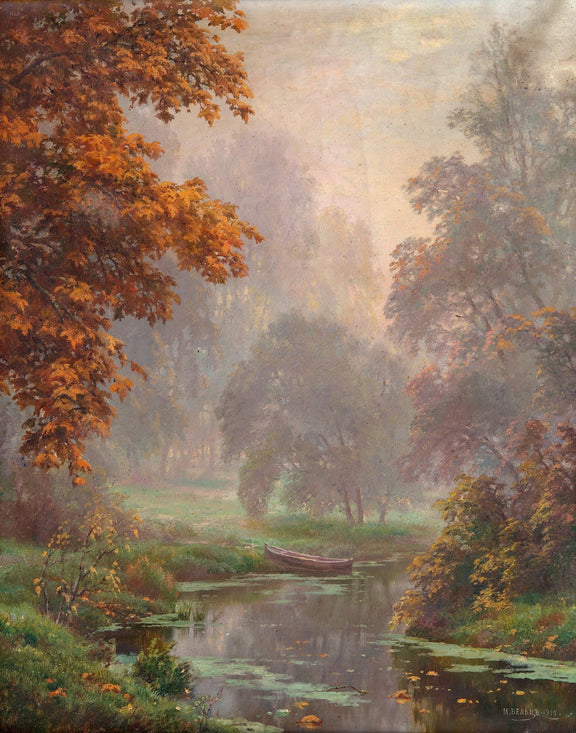Misty Autumn Forest with River Boat – Hand - Painted Landscape - Oil Painting Haven