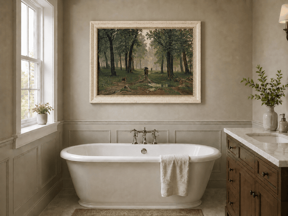 Framed hand-painted misty forest path oil painting with figures among tall trees displayed above a freestanding bathtub.