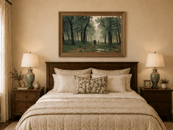 Framed hand-painted misty forest path oil painting with figures among tall trees displayed above a wooden bed in a neutral bedroom.