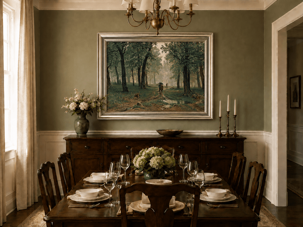 Framed hand-painted misty forest path oil painting with figures among tall trees displayed above a formal dining table.