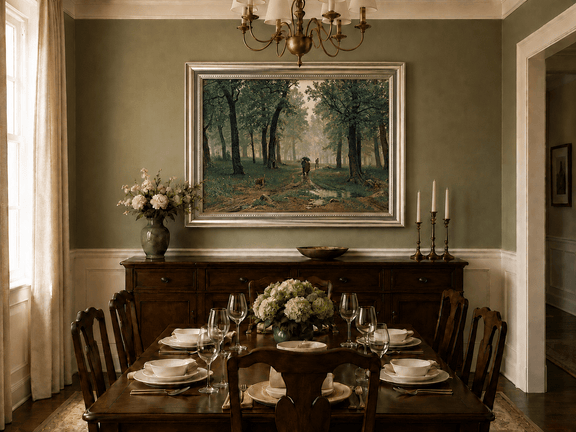 Framed hand-painted misty forest path oil painting with figures among tall trees displayed above a formal dining table.