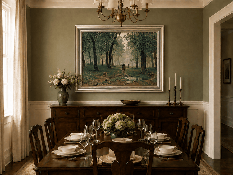 Framed hand-painted misty forest path oil painting with figures among tall trees displayed above a formal dining table.