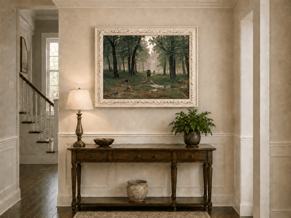 Framed hand-painted misty forest path oil painting with figures among tall trees displayed above an entryway console table.