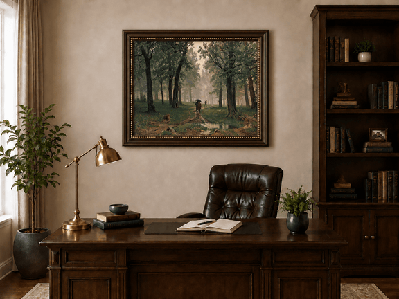 Framed hand-painted misty forest path oil painting with figures among tall trees displayed above a traditional home office desk.