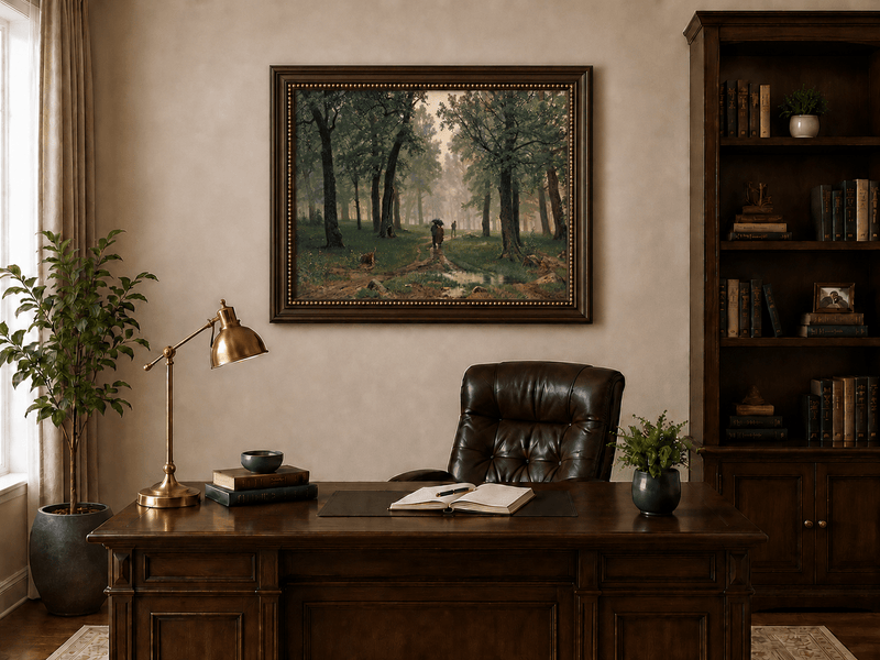 Framed hand-painted misty forest path oil painting with figures among tall trees displayed above a traditional home office desk.