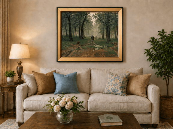 Framed hand-painted misty forest path oil painting with figures among tall trees displayed above a neutral living room sofa.