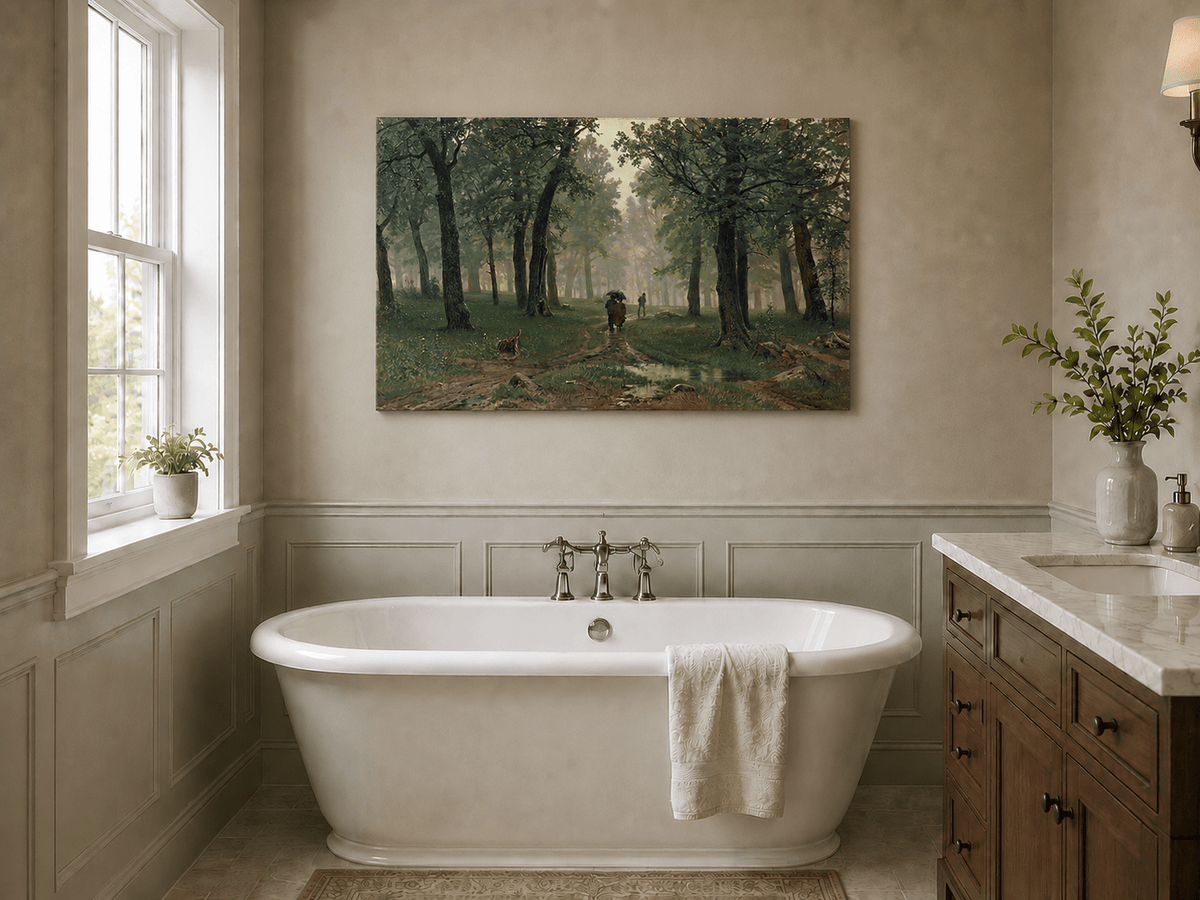Unframed hand-painted misty forest path oil painting with figures among tall trees displayed above a freestanding bathtub.