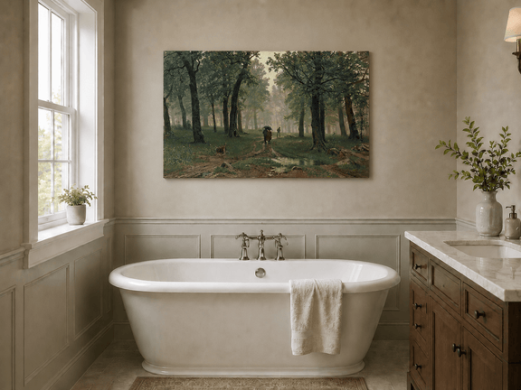 Unframed hand-painted misty forest path oil painting with figures among tall trees displayed above a freestanding bathtub.