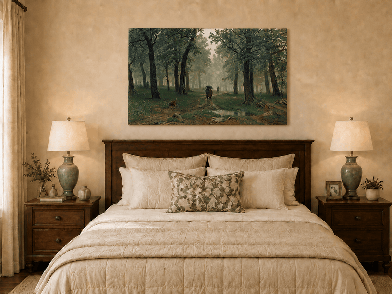 Unframed hand-painted misty forest path oil painting with figures among tall trees displayed above a wooden bed in a neutral bedroom.