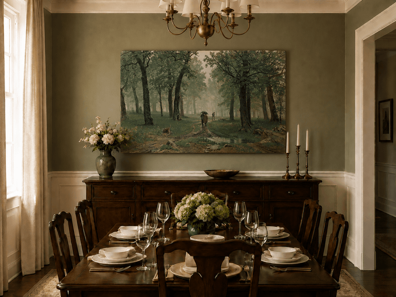 Unframed hand-painted misty forest path oil painting with figures among tall trees displayed above a formal dining table.