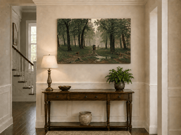 Unframed hand-painted misty forest path oil painting with figures among tall trees displayed above an entryway console table.