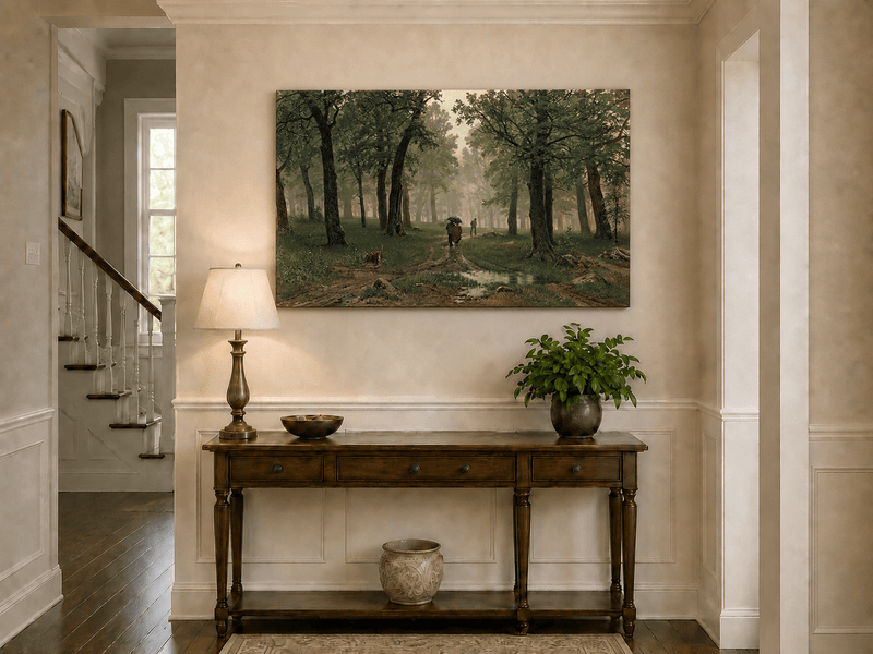 Unframed hand-painted misty forest path oil painting with figures among tall trees displayed above an entryway console table.