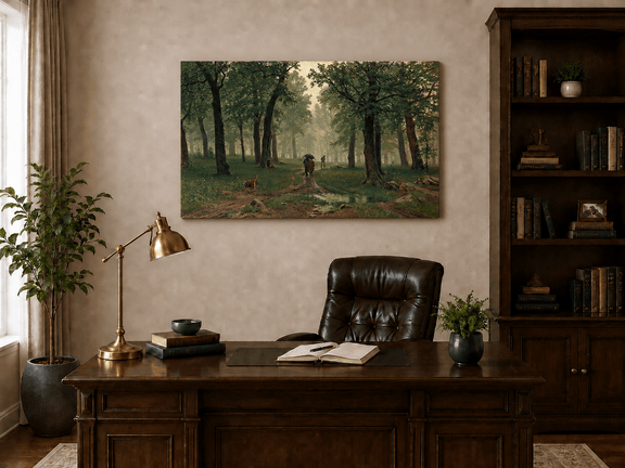 Unframed hand-painted misty forest path oil painting with figures among tall trees displayed above a traditional home office desk.