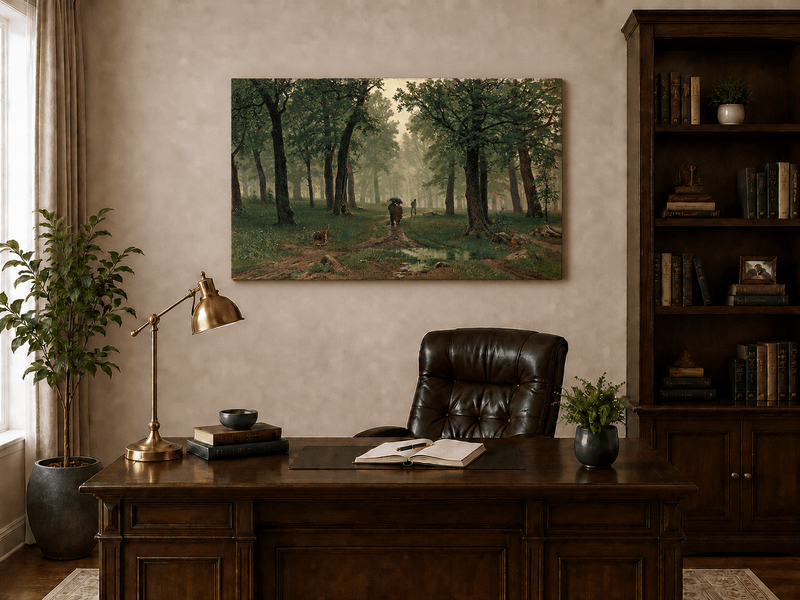 Unframed hand-painted misty forest path oil painting with figures among tall trees displayed above a traditional home office desk.