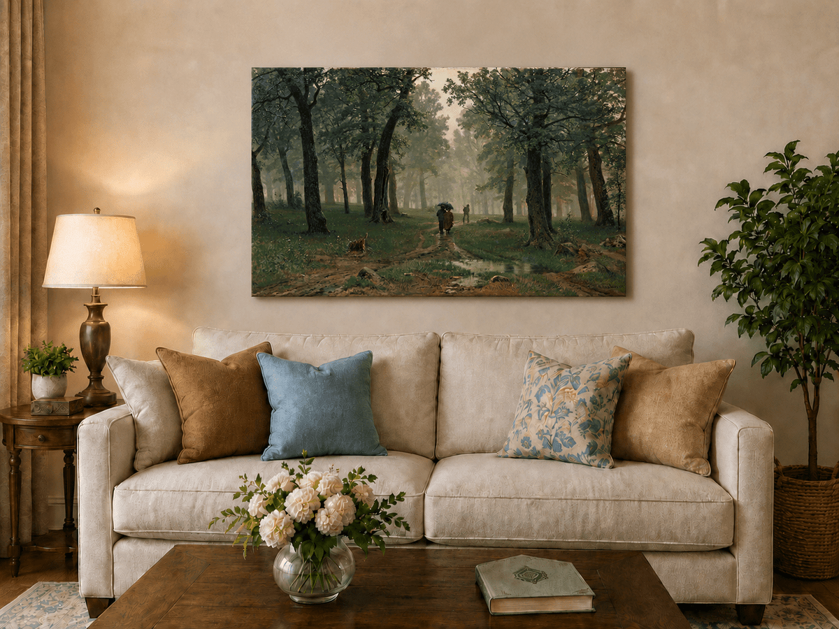 Unframed hand-painted misty forest path oil painting with figures among tall trees displayed above a neutral living room sofa.
