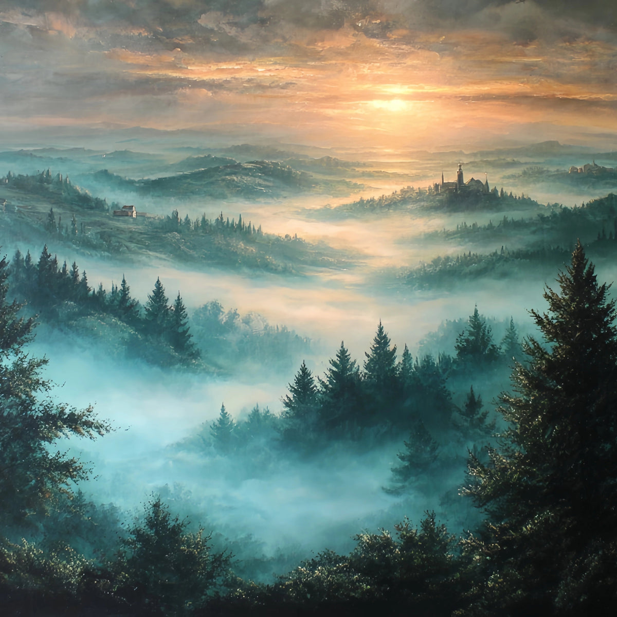 Misty Forest Valley Original Oil Painting For Sale | Sunrise - Oil Painting Haven