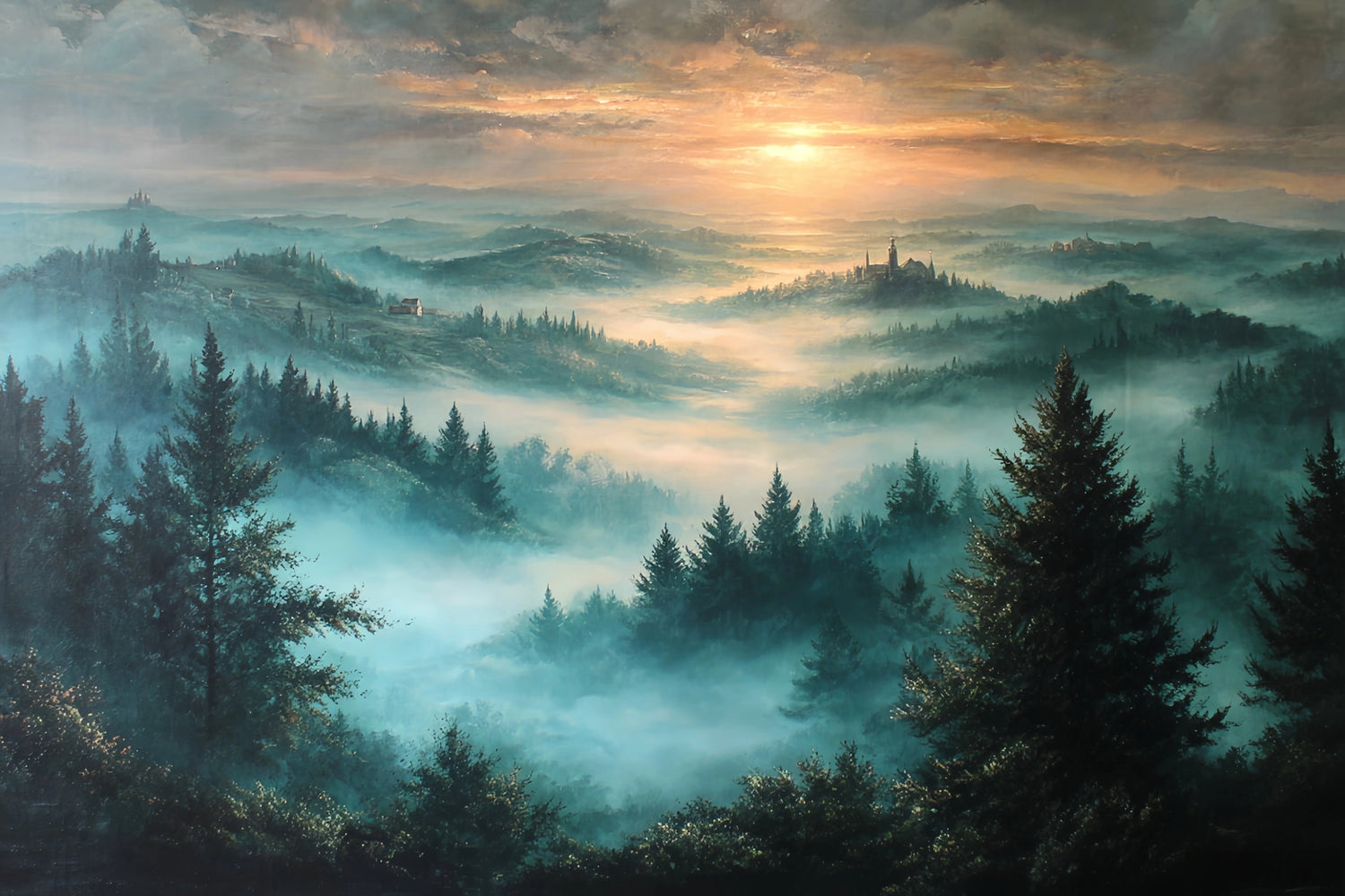 Misty Forest Valley Original Oil Painting For Sale | Sunrise - Oil Painting Haven