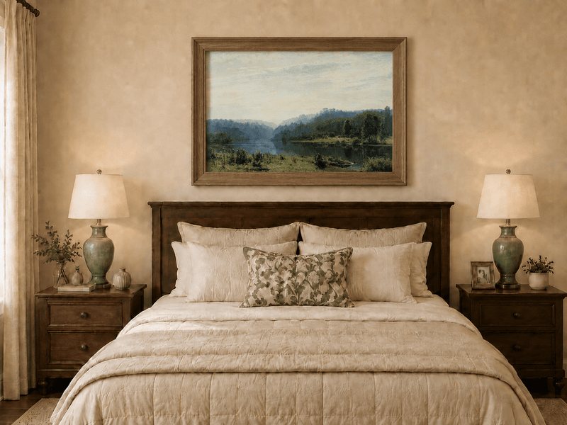 Framed hand-painted misty lake oil painting with a forested shore and distant hills displayed above a wooden bed in a neutral bedroom.