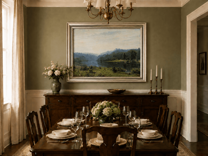 Framed hand-painted misty lake oil painting with a forested shore and distant hills displayed above a formal dining table.