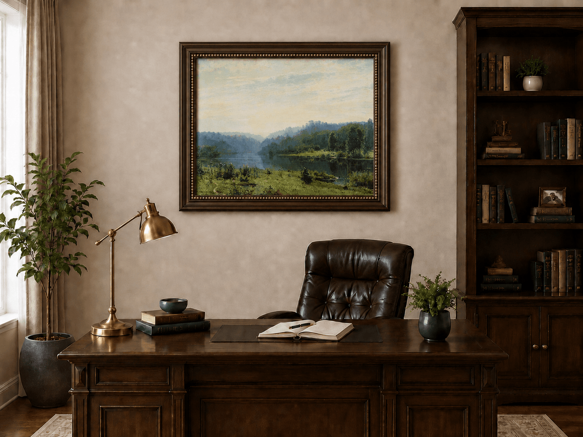 Framed hand-painted misty lake oil painting with a forested shore and distant hills displayed above a traditional home office desk.