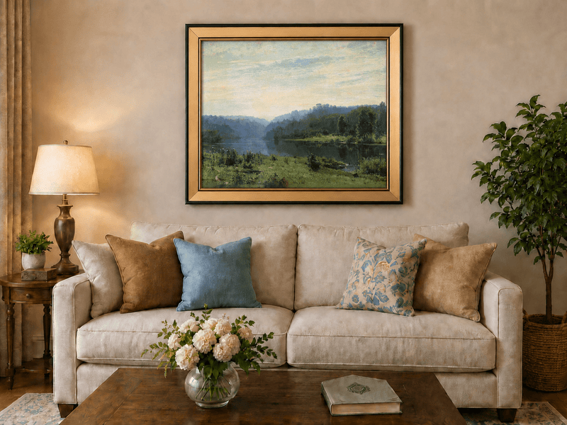 Framed hand-painted misty lake oil painting with a forested shore and distant hills displayed above a neutral living room sofa.