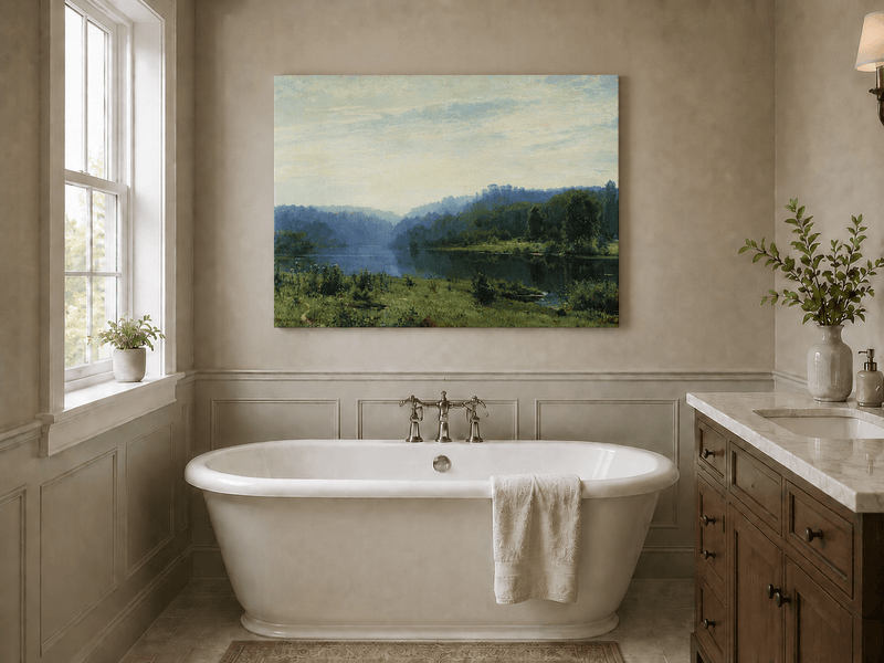 Unframed hand-painted misty lake oil painting with a forested shore and distant hills displayed above a freestanding bathtub.