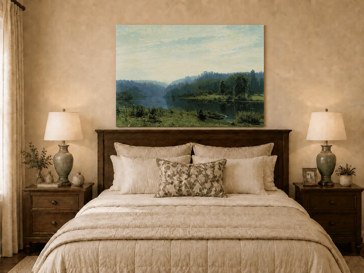 Unframed hand-painted misty lake oil painting with a forested shore and distant hills displayed above a wooden bed in a neutral bedroom.